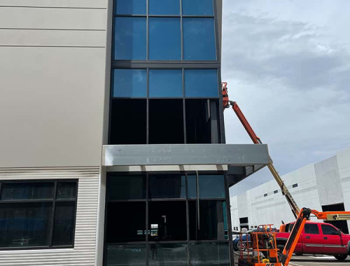 Windows being installed on a commercial office building