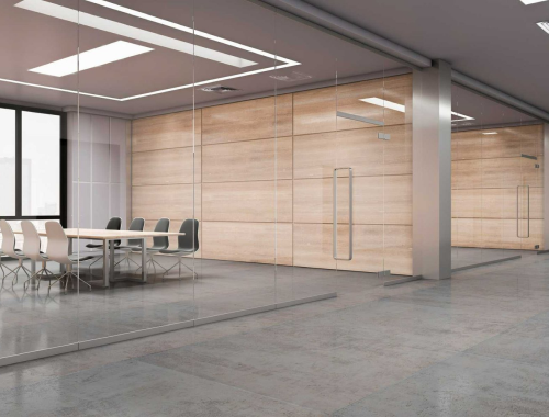 Conference rooms with large glass wall partitions