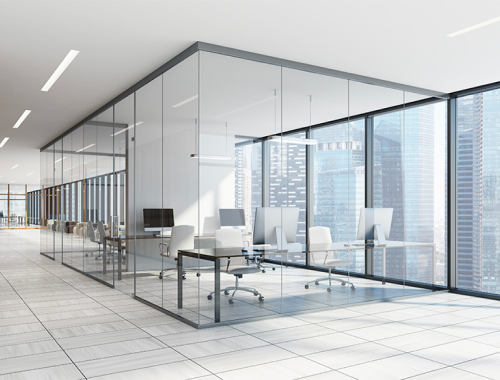 Office with large glass wall partitions