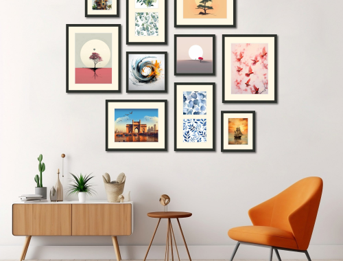 Furniture with picture frames on a wall