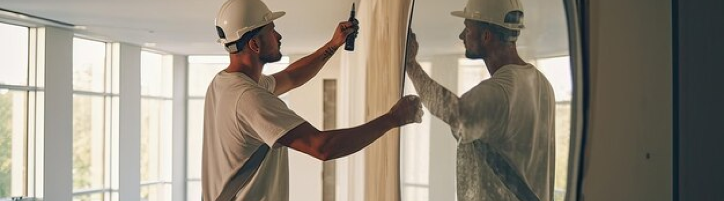 Reflection of worker installing mirror