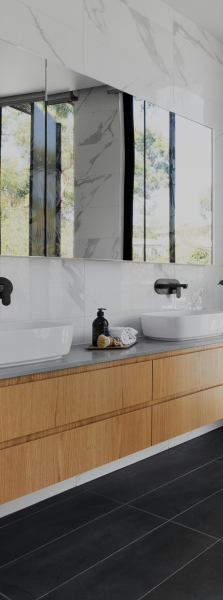 Modern dual bathroom vanity with large mirrors