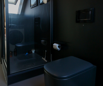 Black bathroom with glass shower enclosure