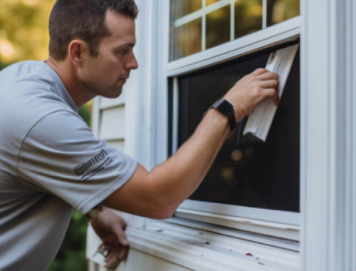 Worker using tool on exterior window