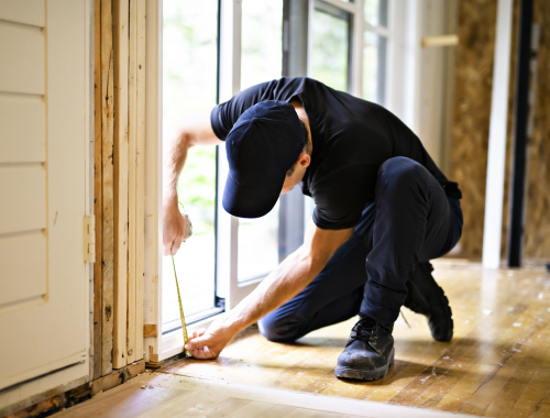 Worker measuring out window dimensions inside a house under construction